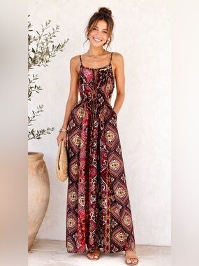 Boho Floral Diamond Print Maxi Dress